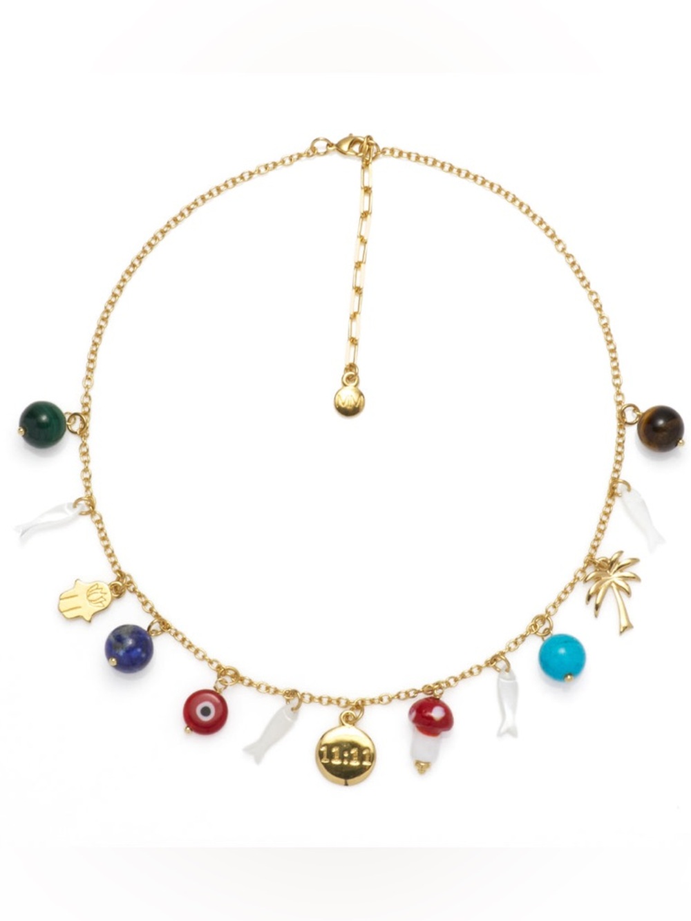 Malachite, Freshwater Pearl, Tiger Eye, and Turquoise Lucky Charm Necklace